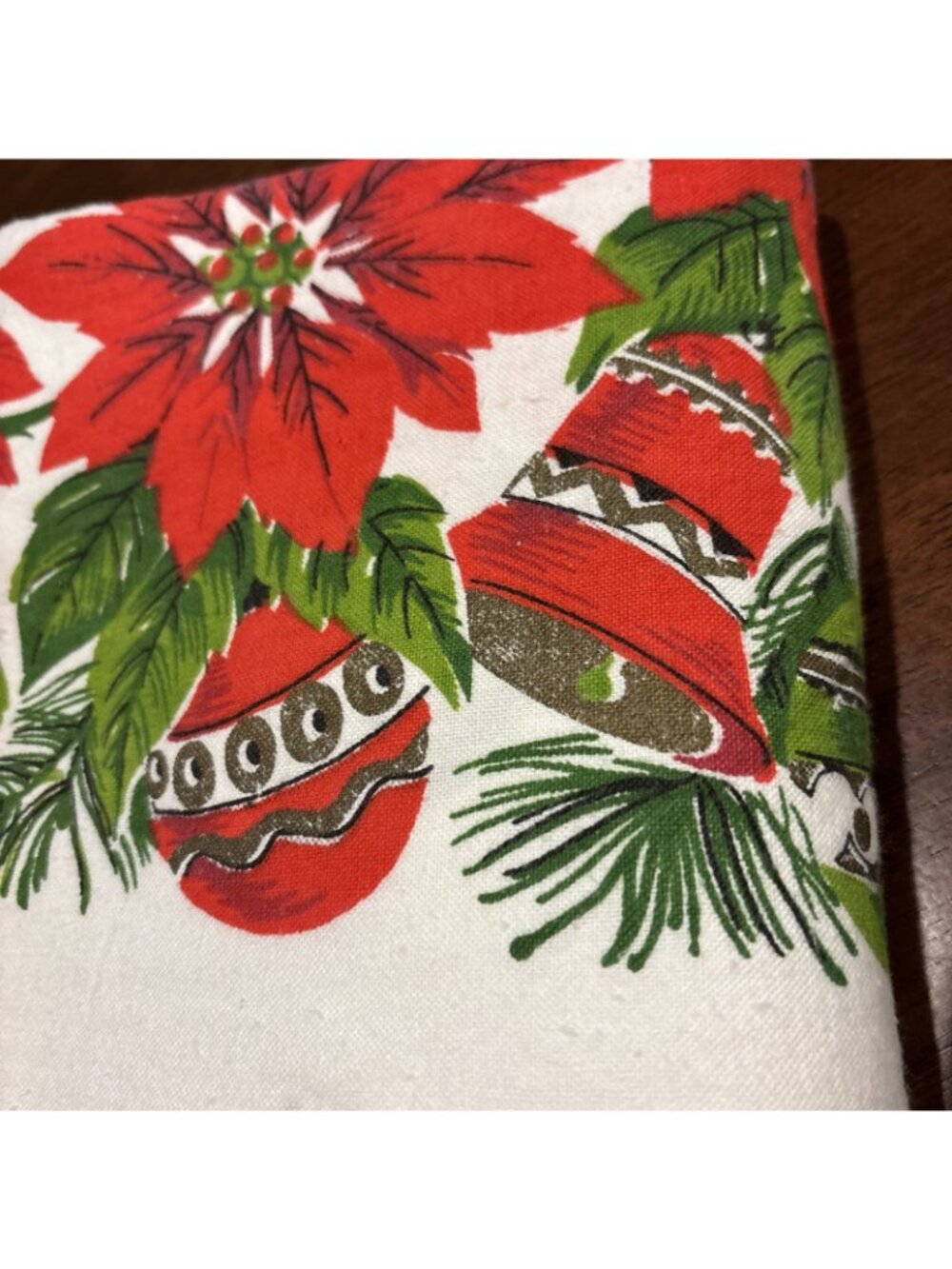 Vintage Christmas Poinsettia Ornament Bells Linen Tablecloth Rectangle 65” x 54" - Picture 5 of 6